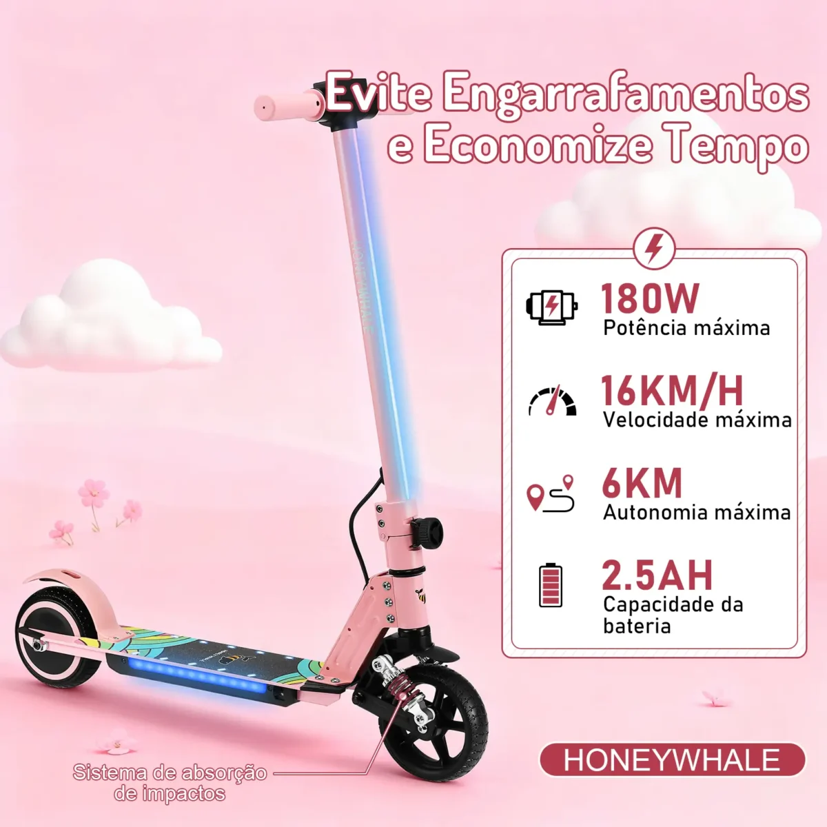 Honeywhale E10S - Patinete Elétrico Infantil Dobrável Rosa 180W - Imagem 3