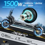 HONEYWHALE T5-2 Patinete Elétrico Dobrável Preto 48V 750W com Bluetooth e Luz LED - Imagem 2