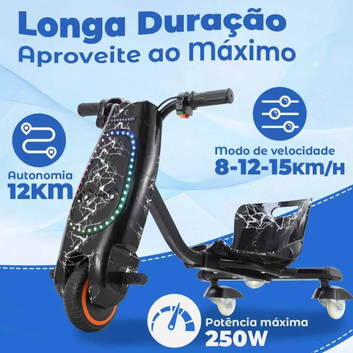 Honeywhale 008B Carrinho de Drift Elétrico Infantil Triciclo Motor 250W Autonomia 12KM Rotação 360 Graus com Bluetooth e Luzes LED - Imagem 2