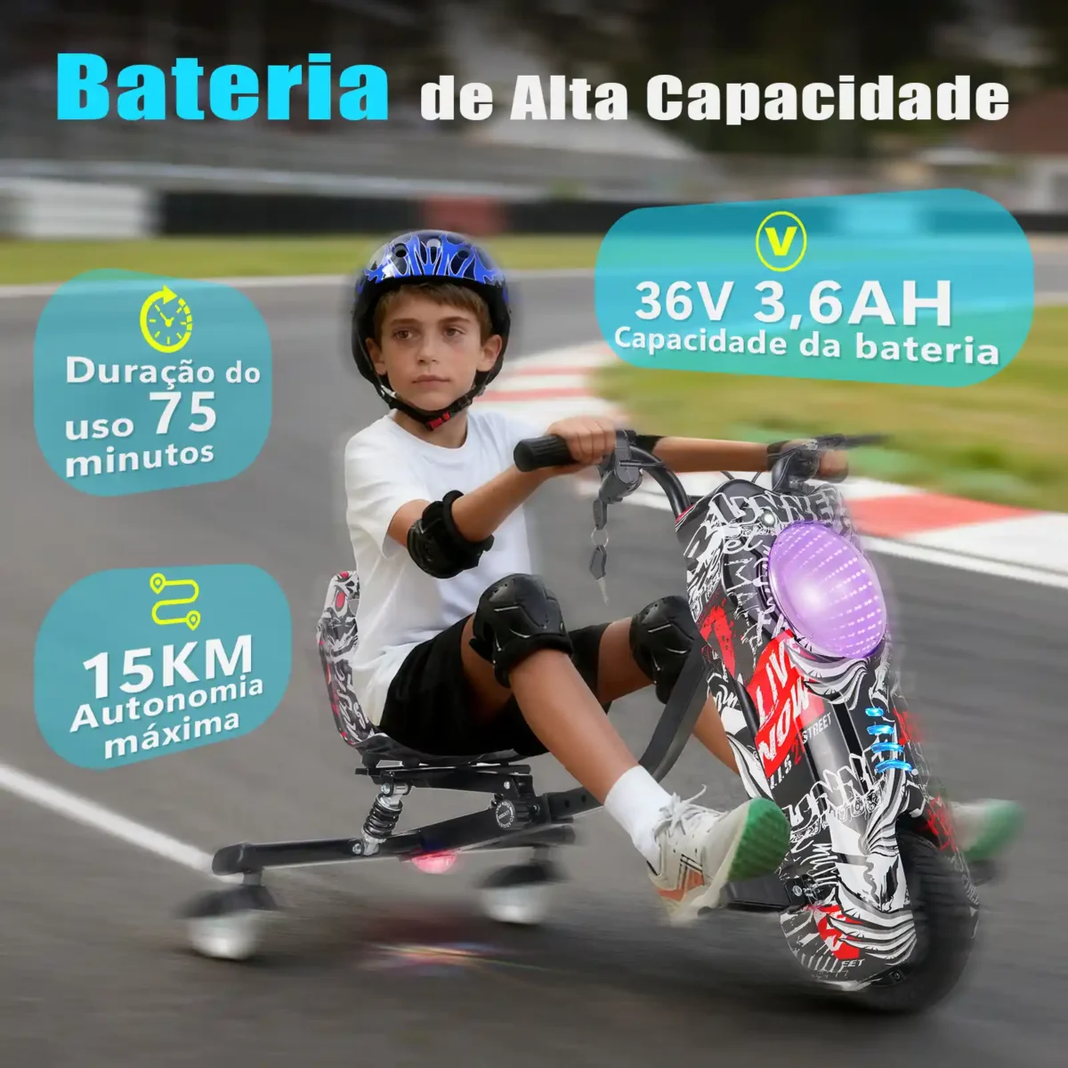 Honeywhale 007B Carrinho de Drift Elétrico Infantil Triciclo Motor 250W Bateria 36V Rotação 360 Graus com Bluetooth e Luzes LED - Imagem 2