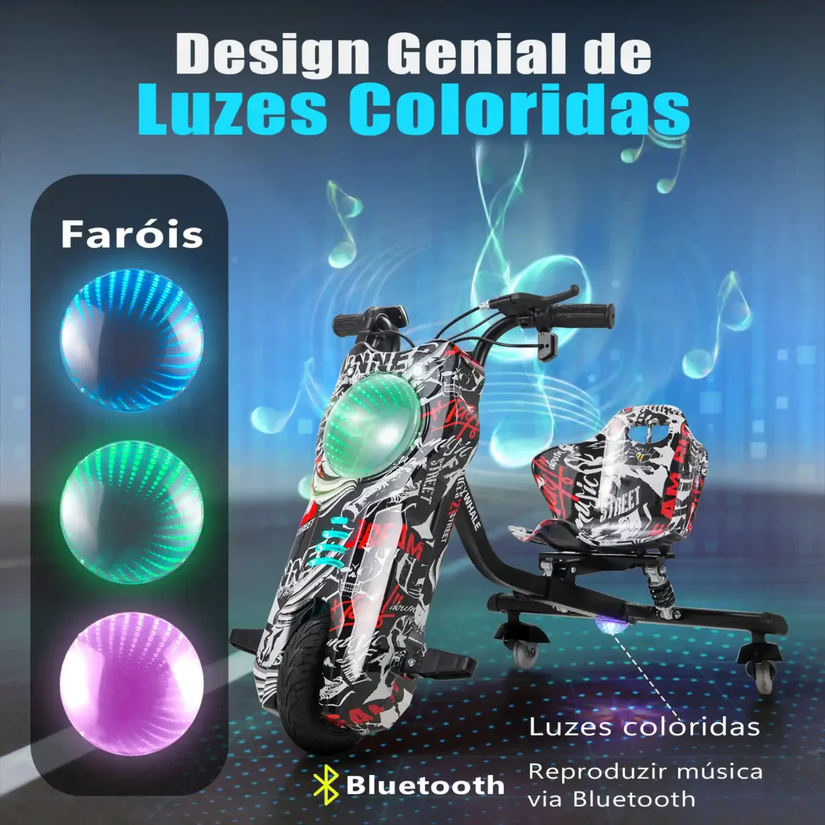 Honeywhale 007B Carrinho de Drift Elétrico Infantil Triciclo Motor 250W Bateria 36V Rotação 360 Graus com Bluetooth e Luzes LED - Imagem 3