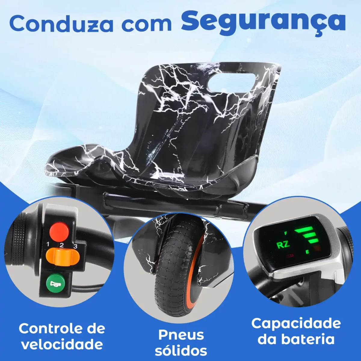 Honeywhale 008B Carrinho de Drift Elétrico Infantil Triciclo Motor 250W Autonomia 12KM Rotação 360 Graus com Bluetooth e Luzes LED - Imagem 4