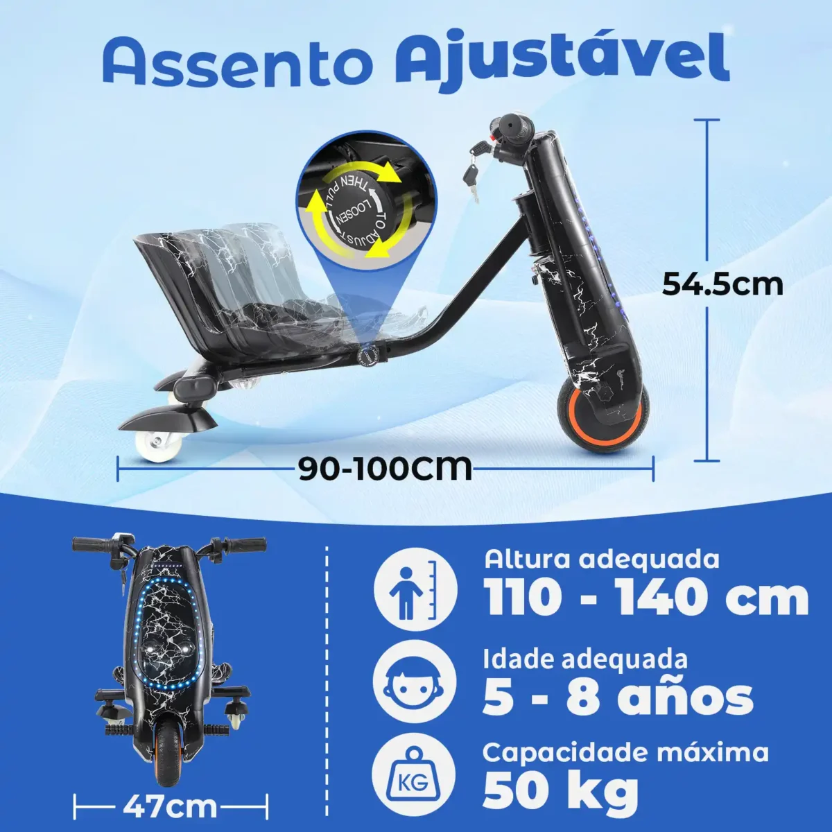 Honeywhale 008B Carrinho de Drift Elétrico Infantil Triciclo Motor 250W Autonomia 12KM Rotação 360 Graus com Bluetooth e Luzes LED - Imagem 6