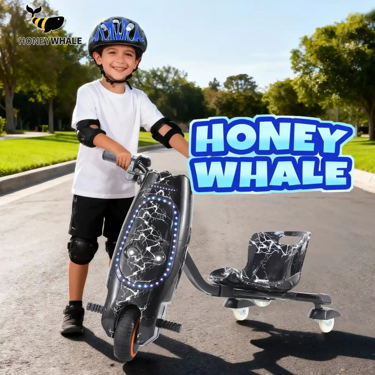 Honeywhale 008B Carrinho de Drift Elétrico Infantil Triciclo Motor 250W Autonomia 12KM Rotação 360 Graus com Bluetooth e Luzes LED - Imagem 7