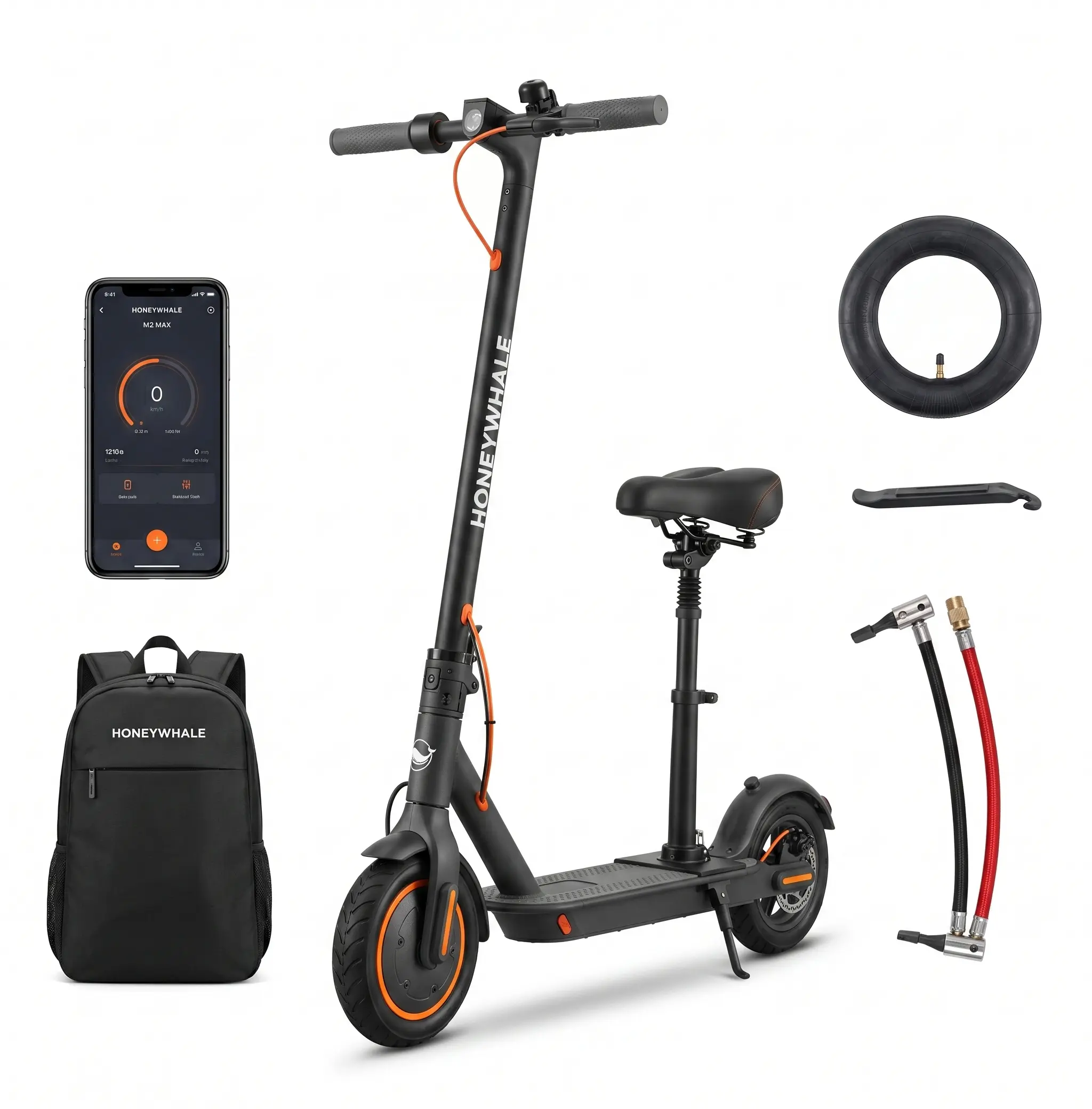 m2 max-b HONEYWHALE M2 MAX-B Patinete Elétrico Dobrável Preto/Laranja 36V 500W com Bluetooth, Luz LED e Freio a Disco - Imagem 1