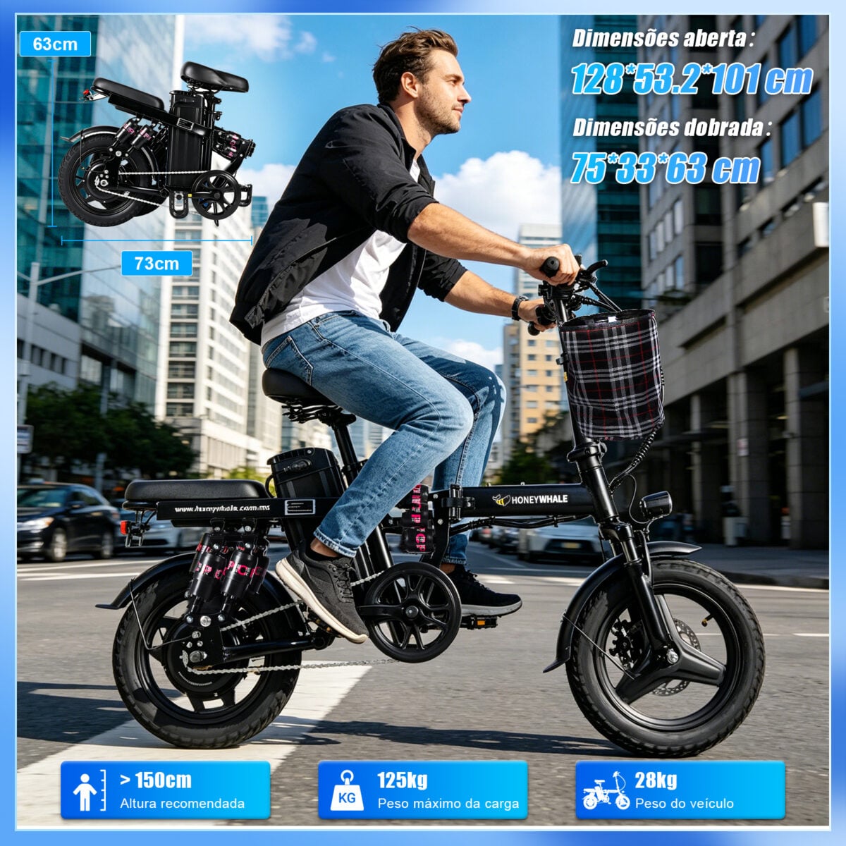 HONEYWHALE S6 PRO-S Bicicleta Elétrica Dobrável com Bateria Removível e 750W - Imagem 10
