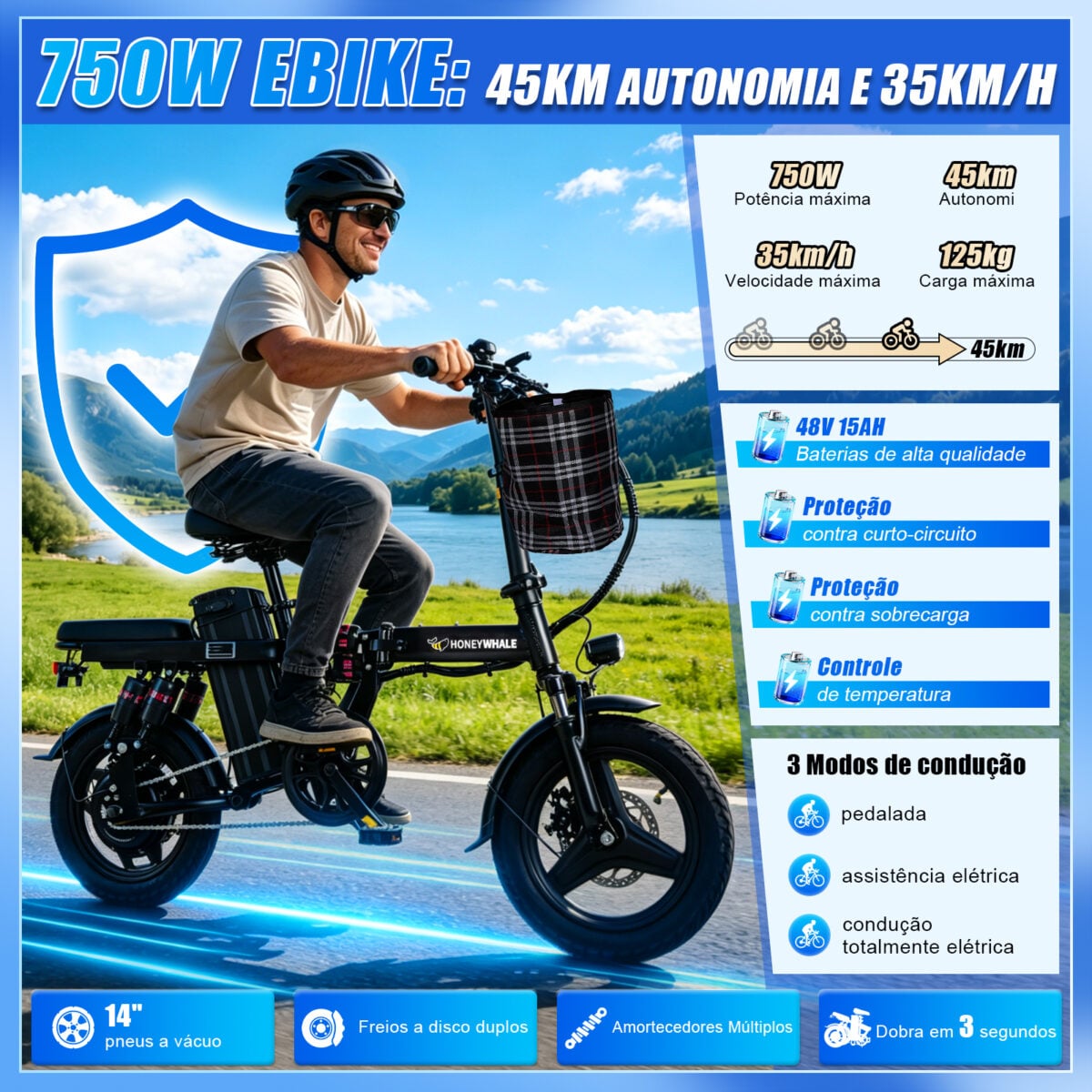 HONEYWHALE S6 PRO-S Bicicleta Elétrica Dobrável com Bateria Removível e 750W - Imagem 3
