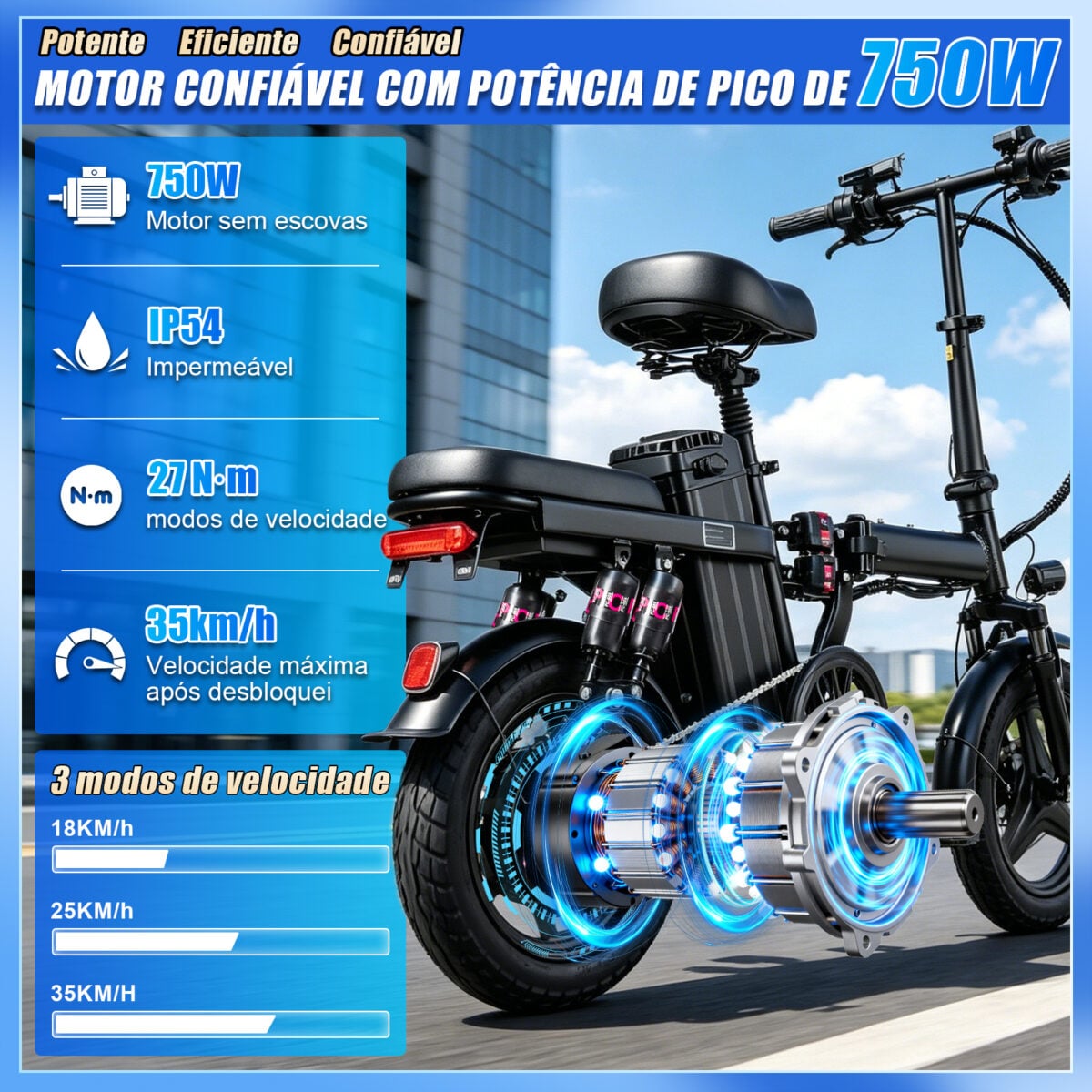 HONEYWHALE S6 PRO-S Bicicleta Elétrica Dobrável com Bateria Removível e 750W - Imagem 4