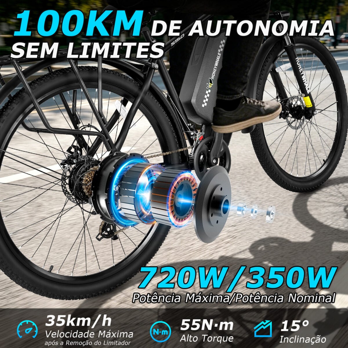 HONEYWHALE S150 Bicicleta Elétrica Aro 29 para Adultos, com Autonomia de 100km e Bateria Removível - Imagem 10