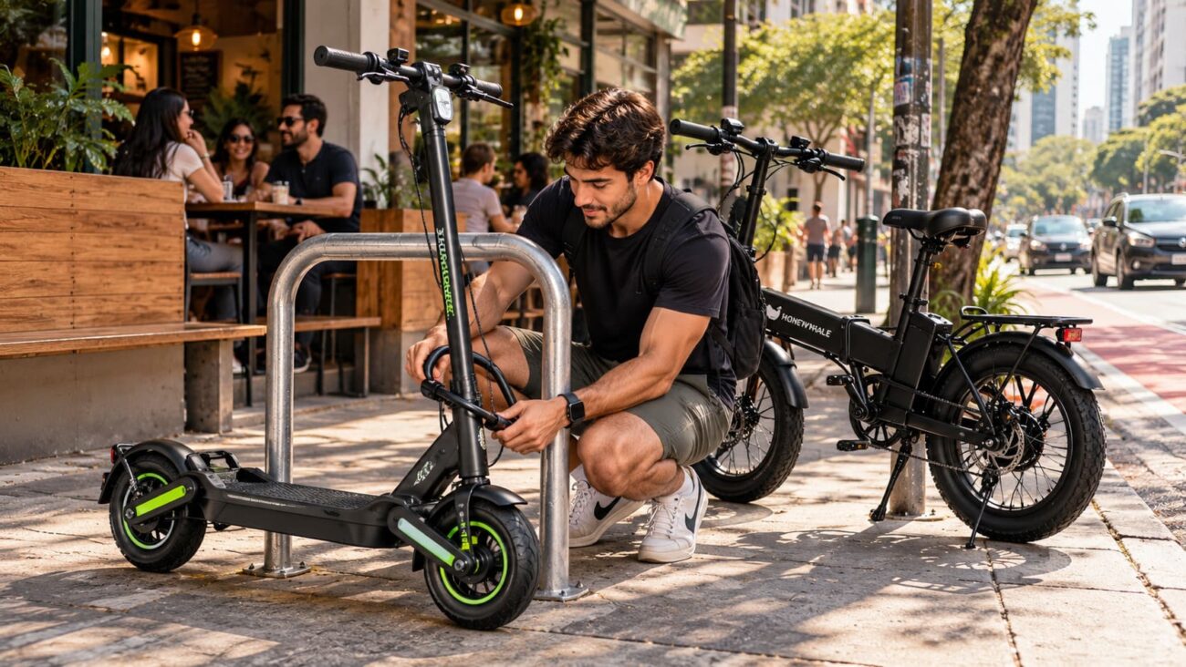 Bicicleta elétrica e patinete elétrico estacionados em uma área urbana junto a um estabelecimento comercial