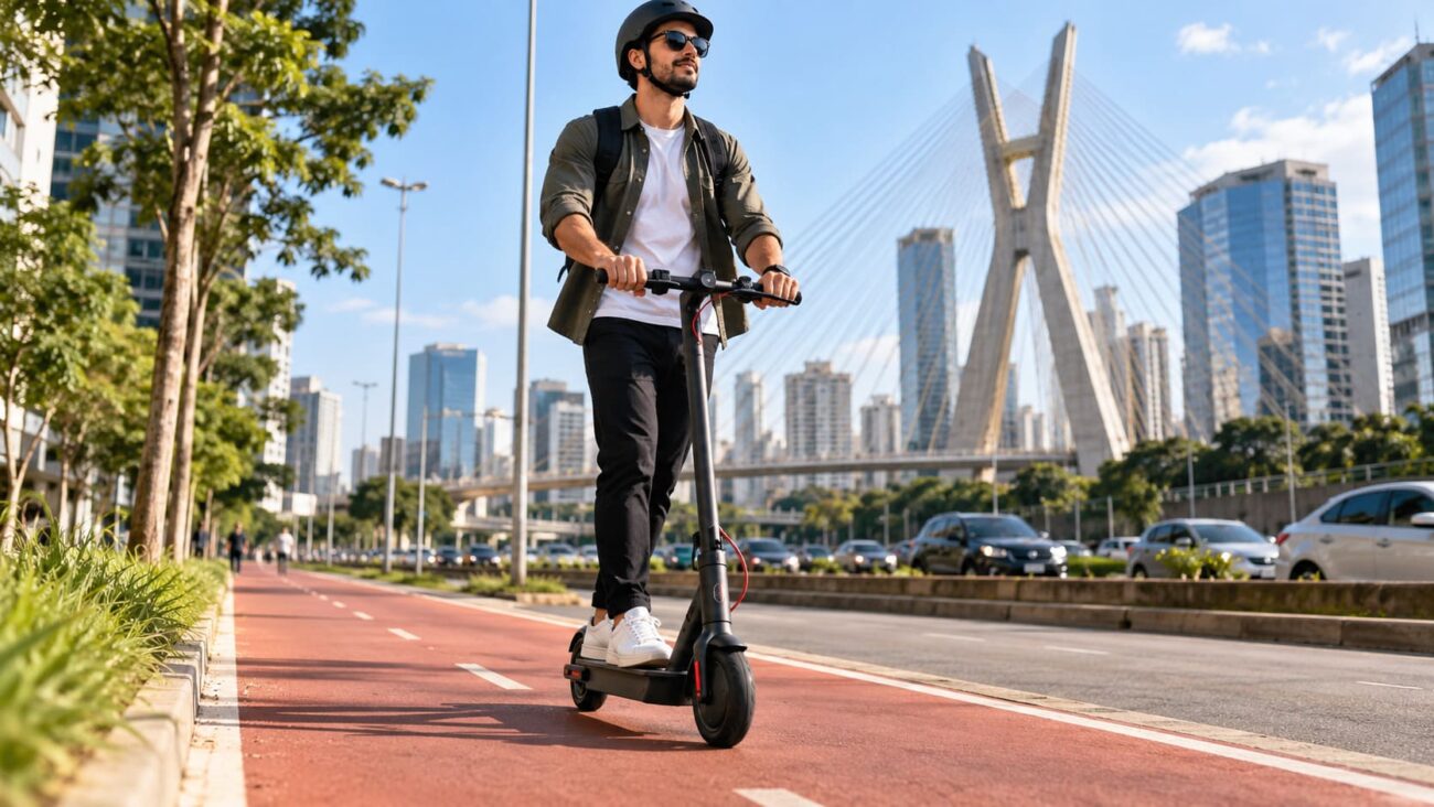 Cena ilustrativa de pessoa utilizando patinete elétrico em ambiente urbano no Brasil
