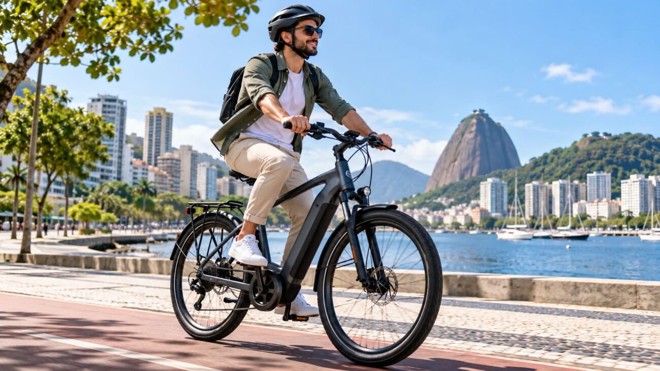 Cena ilustrativa de deslocamento urbano brasileiro com bicicleta elétrica
