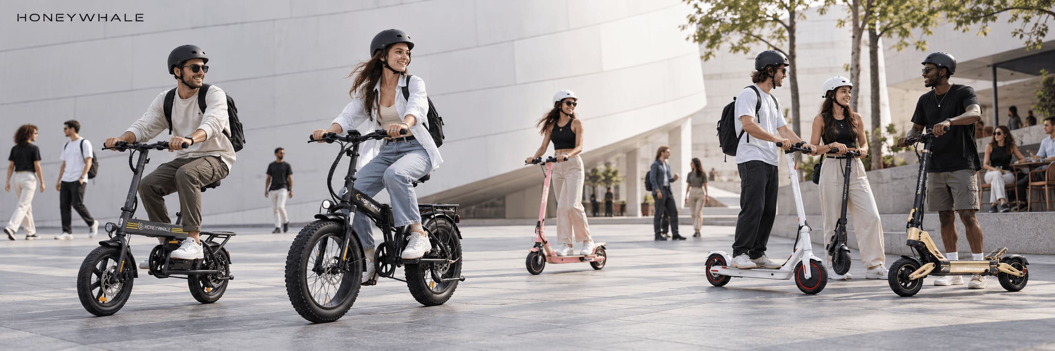Pessoas utilizando mobilidade elétrica Honeywhale em área urbana
