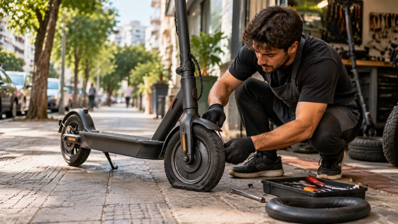 Profissional realizando o conserto de um patinete elétrico na oficina