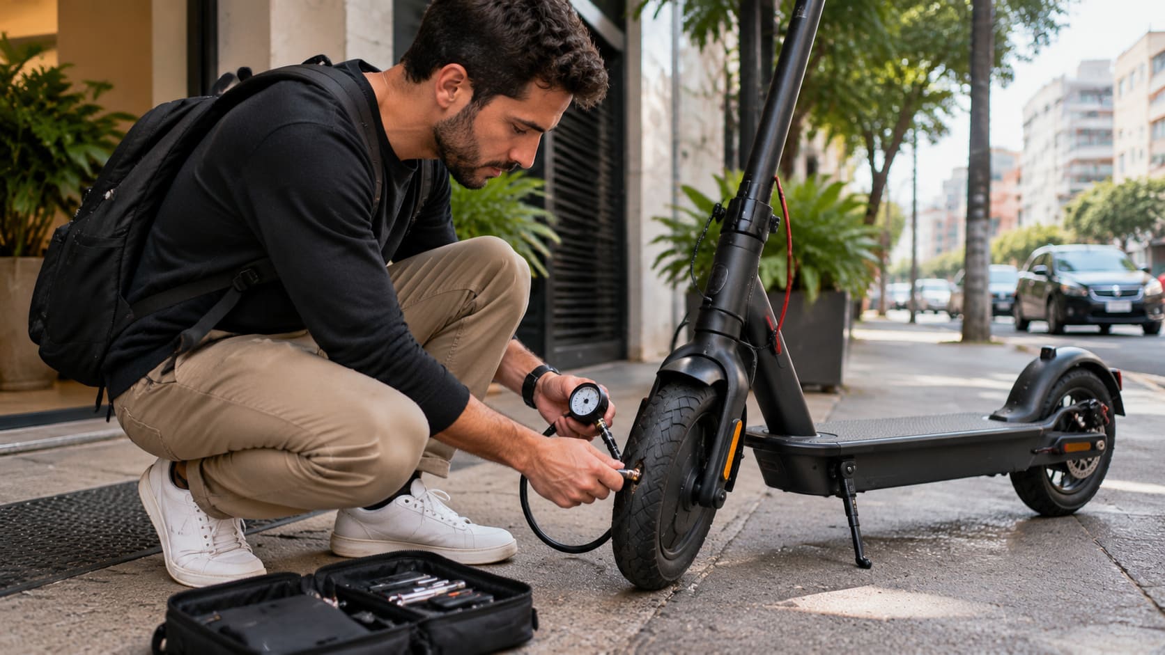 Verificação da pressão do pneu dianteiro de um patinete elétrico em ambiente urbano