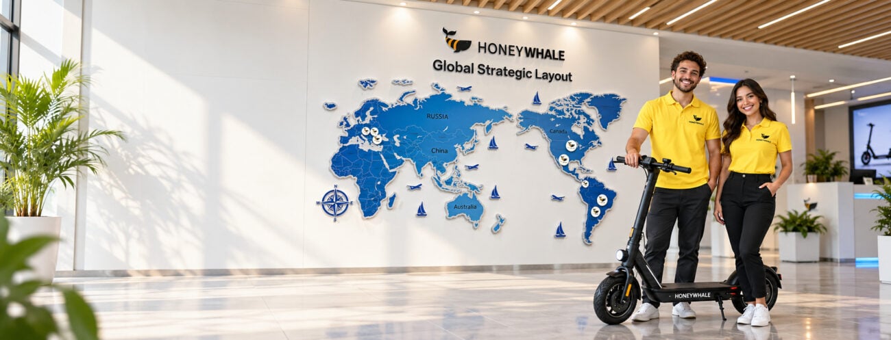 inicio 63 Equipe Honeywhale com patinete no showroom da marca