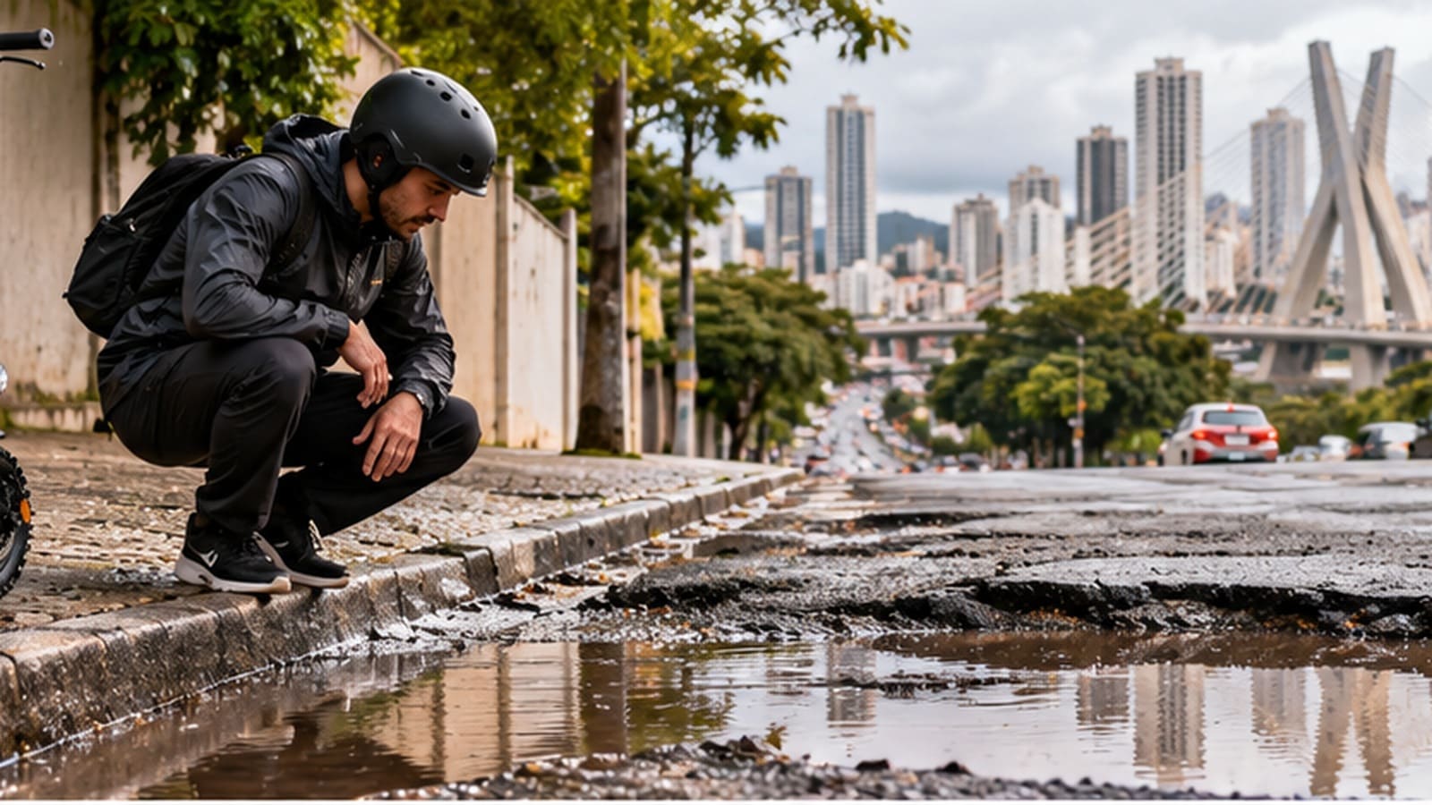 Usuário verificando um patinete elétrico próximo a uma rua urbana com pavimento irregular
