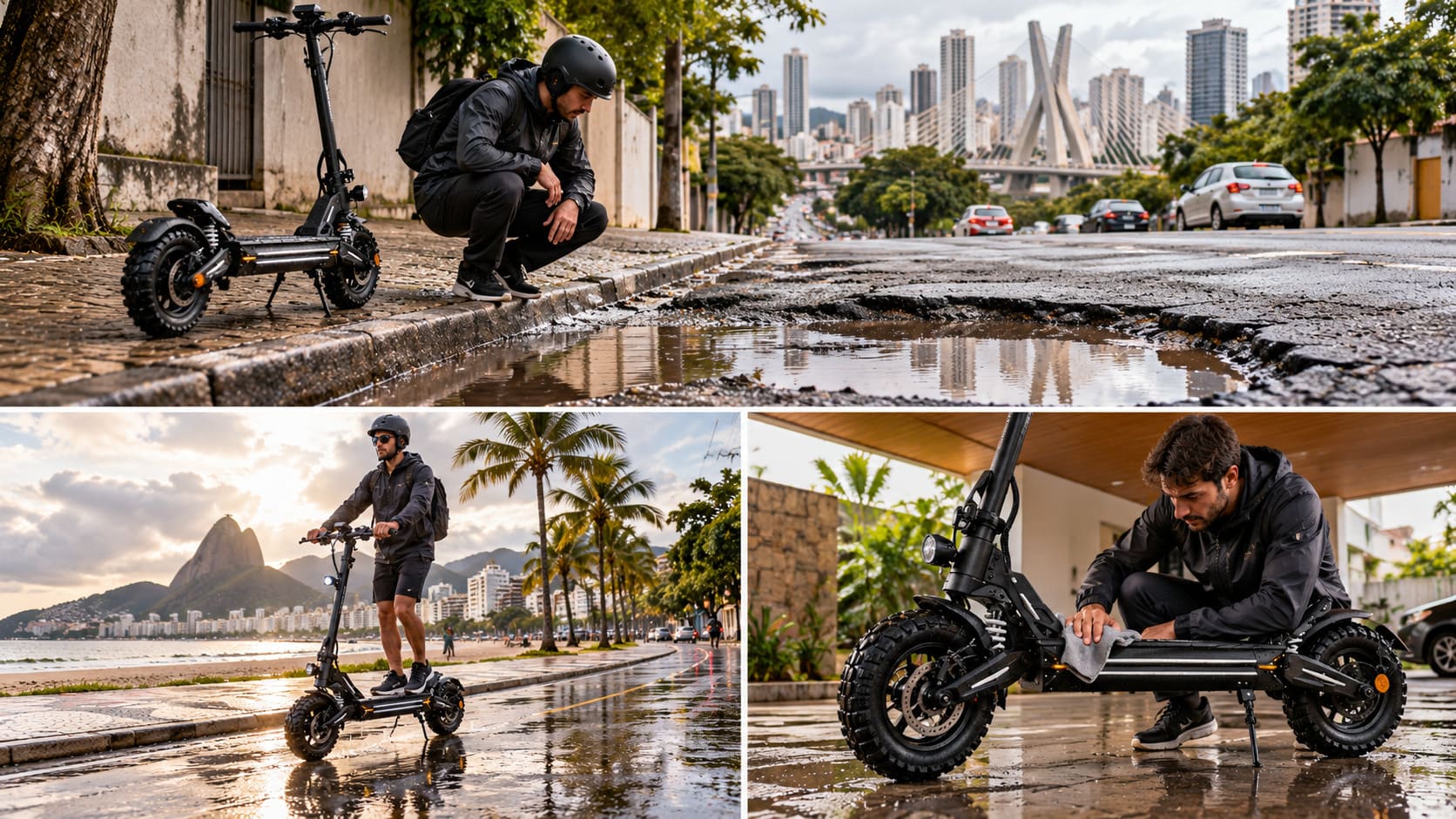 Patinete elétrico enfrentando chuva e poças d'água nas ruas brasileiras