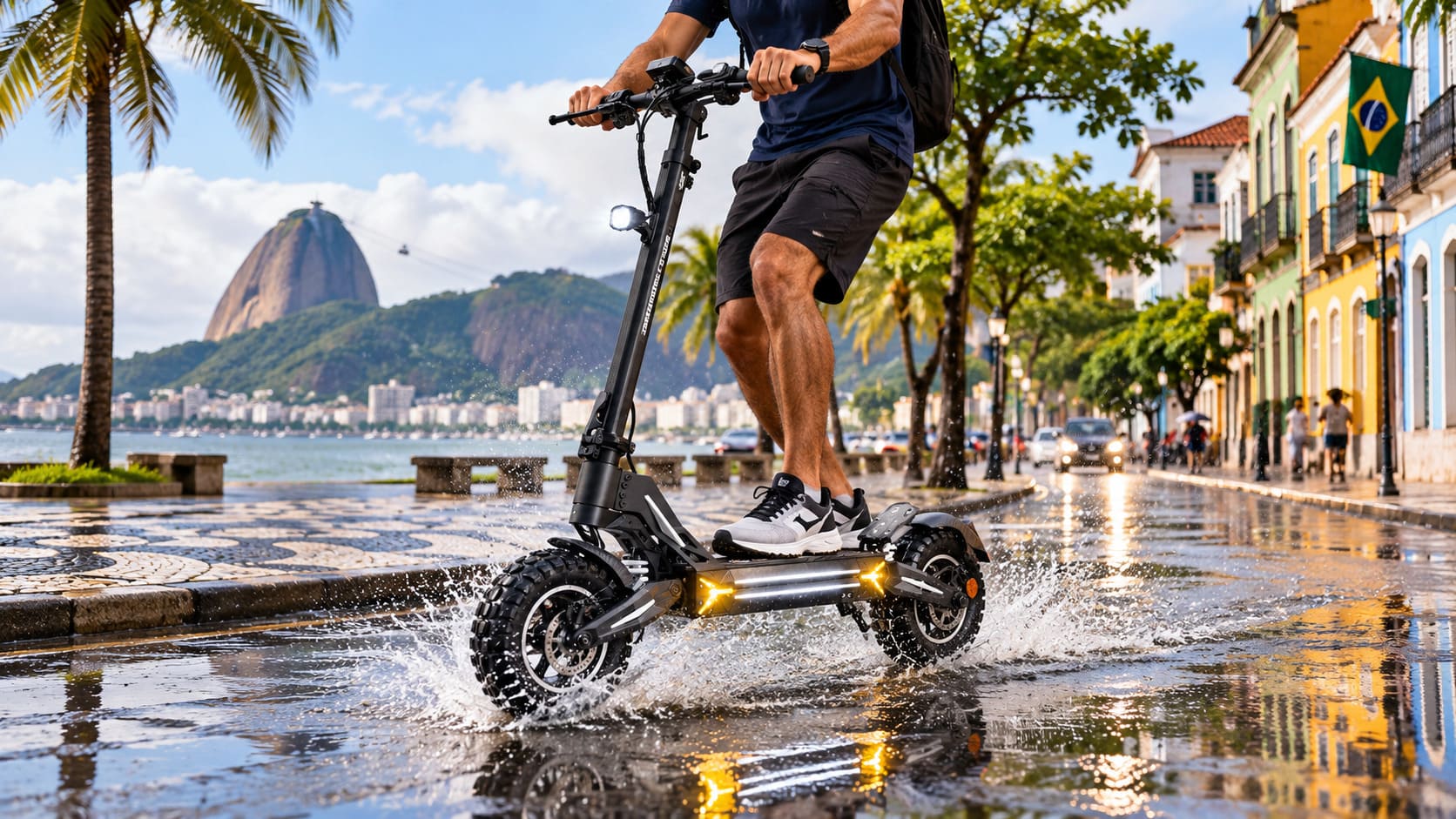Patinete elétrico em trânsito na orla do Rio de Janeiro após a chuva